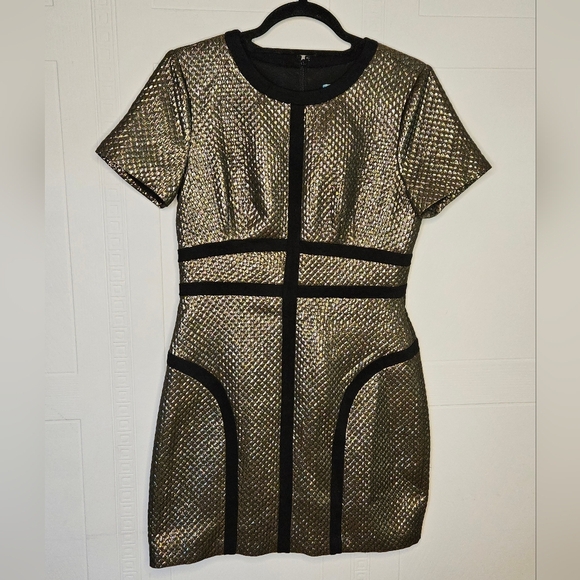 Pim + Larkin Metallic Gold Quilt Look Mini Dress Short Sleeve Sz 4 EUC - Picture 1 of 12